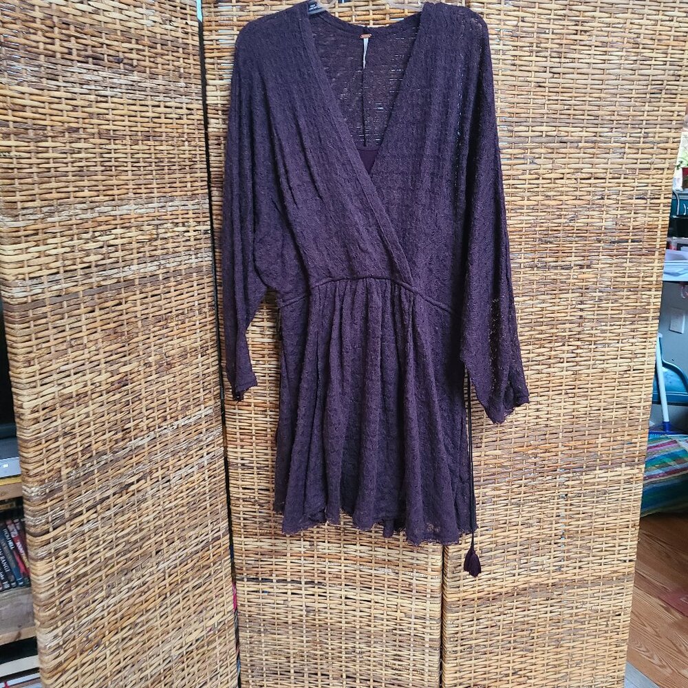 Free People Dress Dark Brown 2 Layer SZ M Dolman Sleeve Drawstring Tassels Urban
